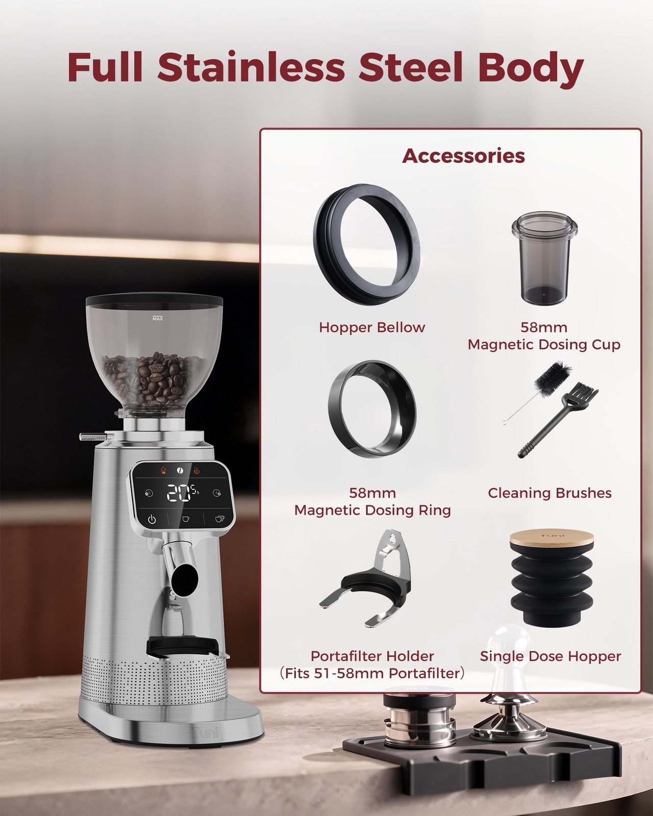 tuni g3 electric espresso coffee grinder 64mm flat burr 100 grind settings touchscreen anti static tech stainless steel cee4f0 04.jpg tuni g3 electric espresso coffee grinder 64mm flat burr 100 grind settings touchscreen anti static tech stainless steel cee4f0 04.jpg